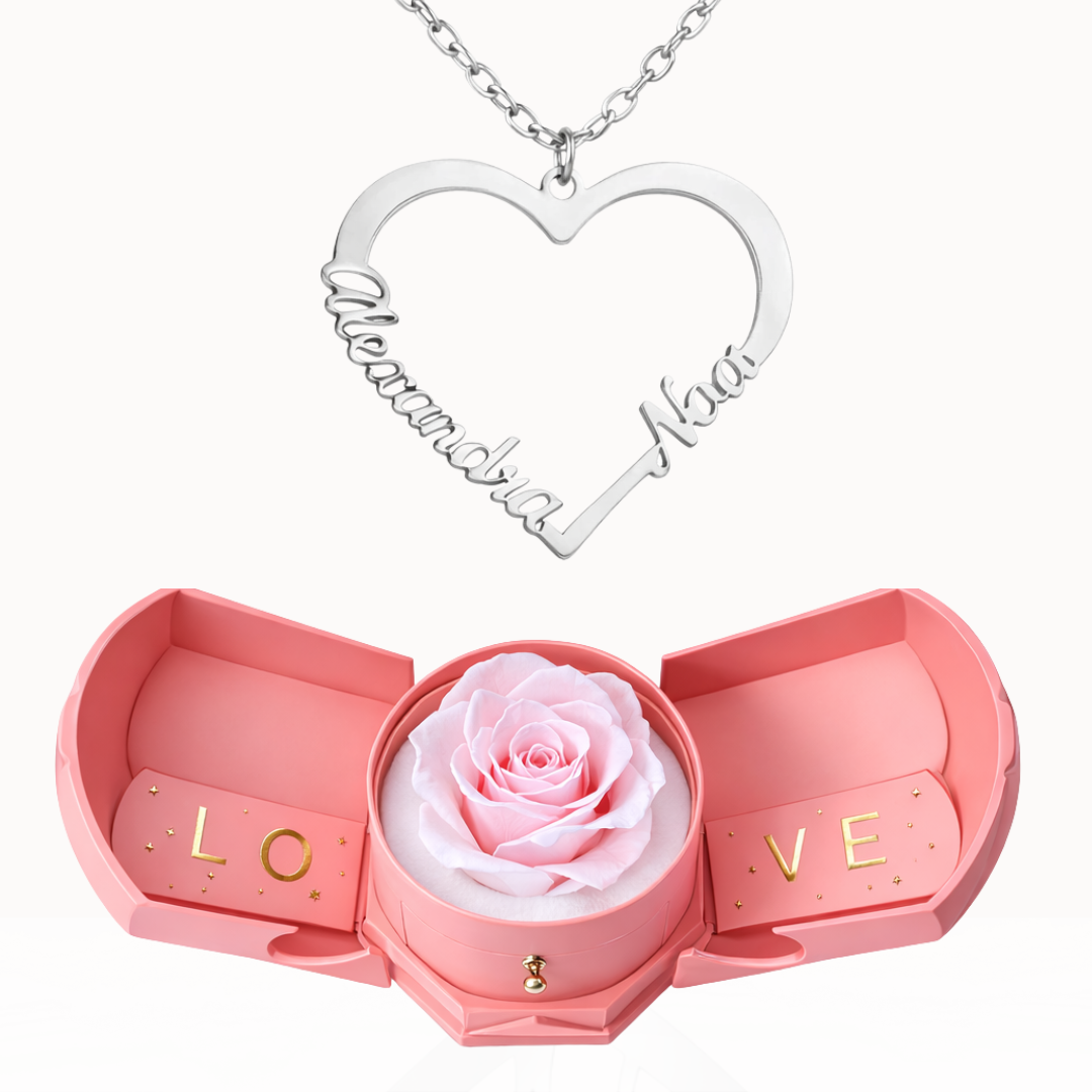 Caixa Rosa Eterna com Colar em Forma de Coração Personalizado