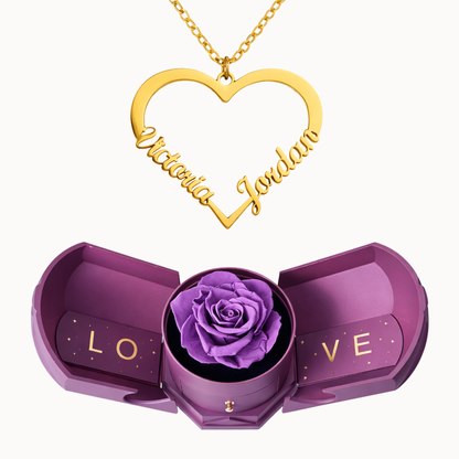 Caixa Rosa Eterna com Colar em Forma de Coração Personalizado