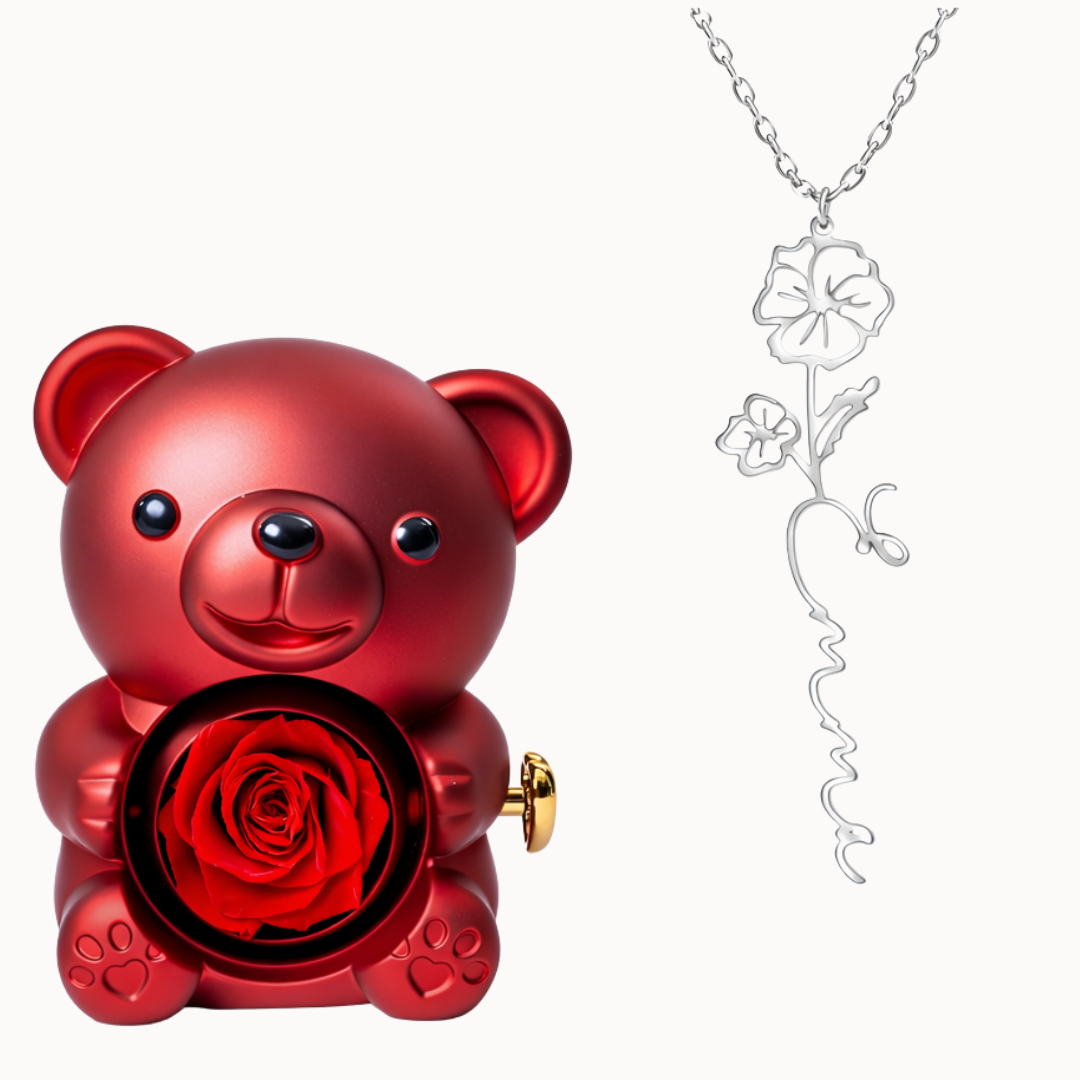 Urso Eterno com Colar Nome Flor Personalizado
