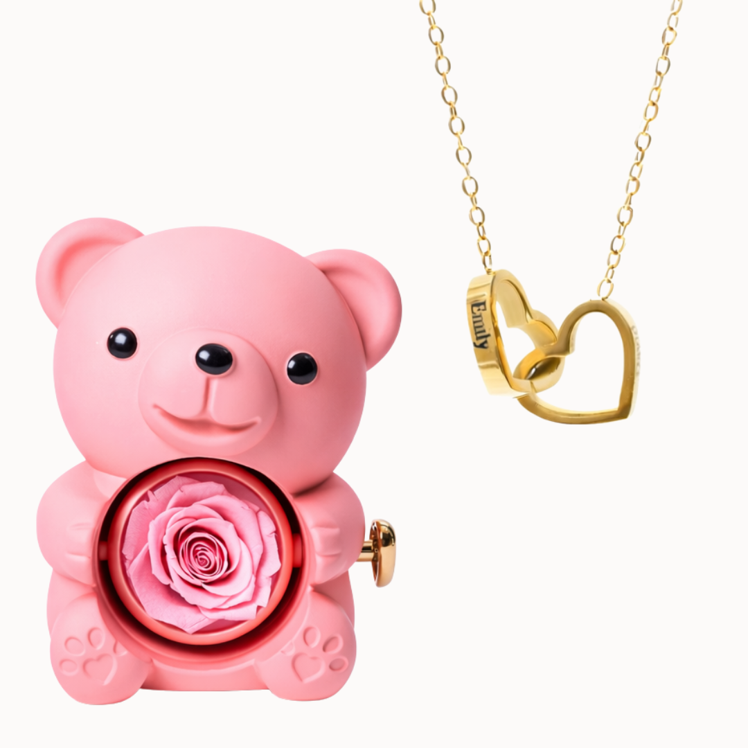 Urso Eterno com Colar Dois Corações Personalizado