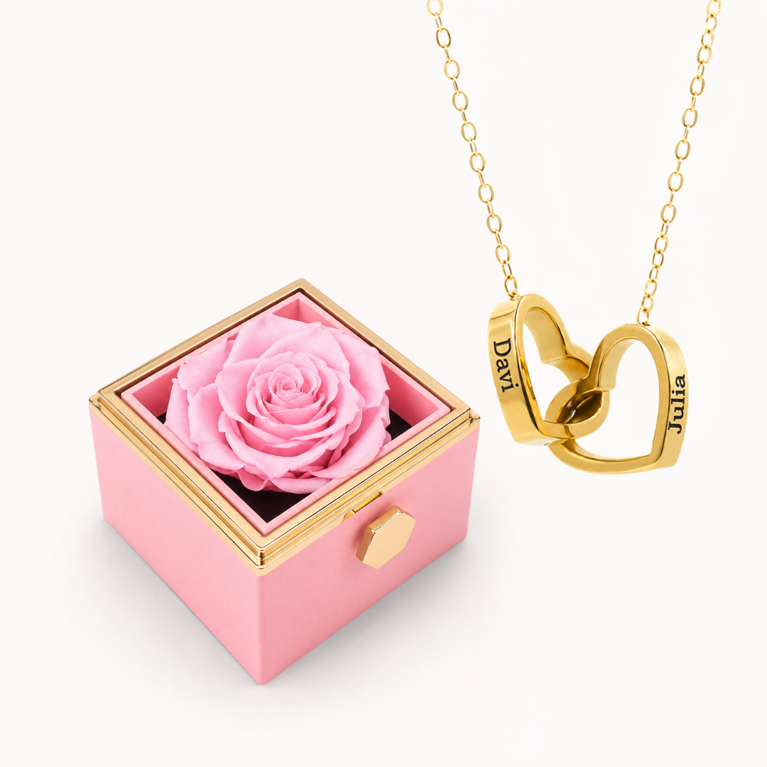 Caixa Rosa Eterna Rotativa & Colar Dois Corações Personalizado