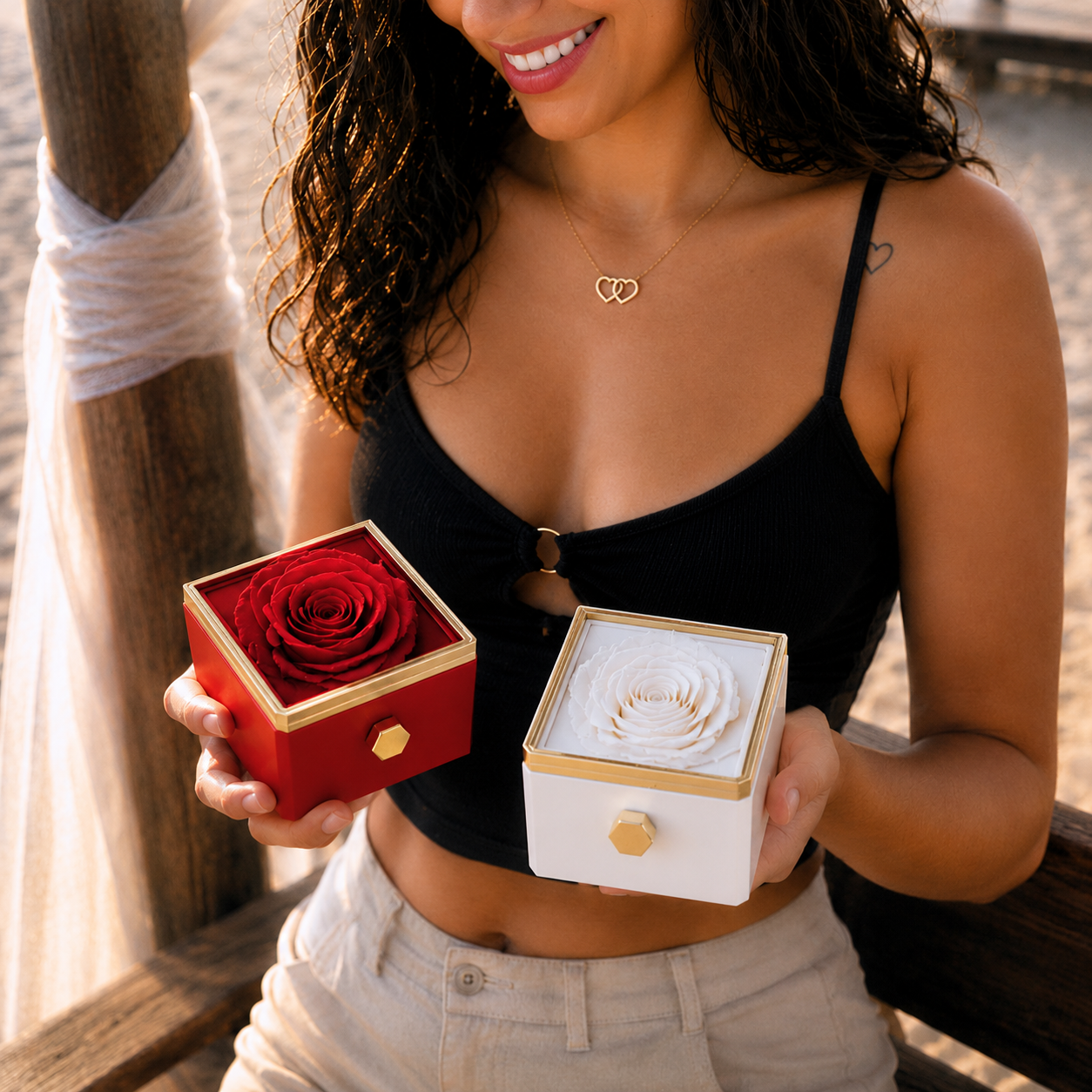 Colar Dois Corações Personalizados com Caixa Rosa Eterna