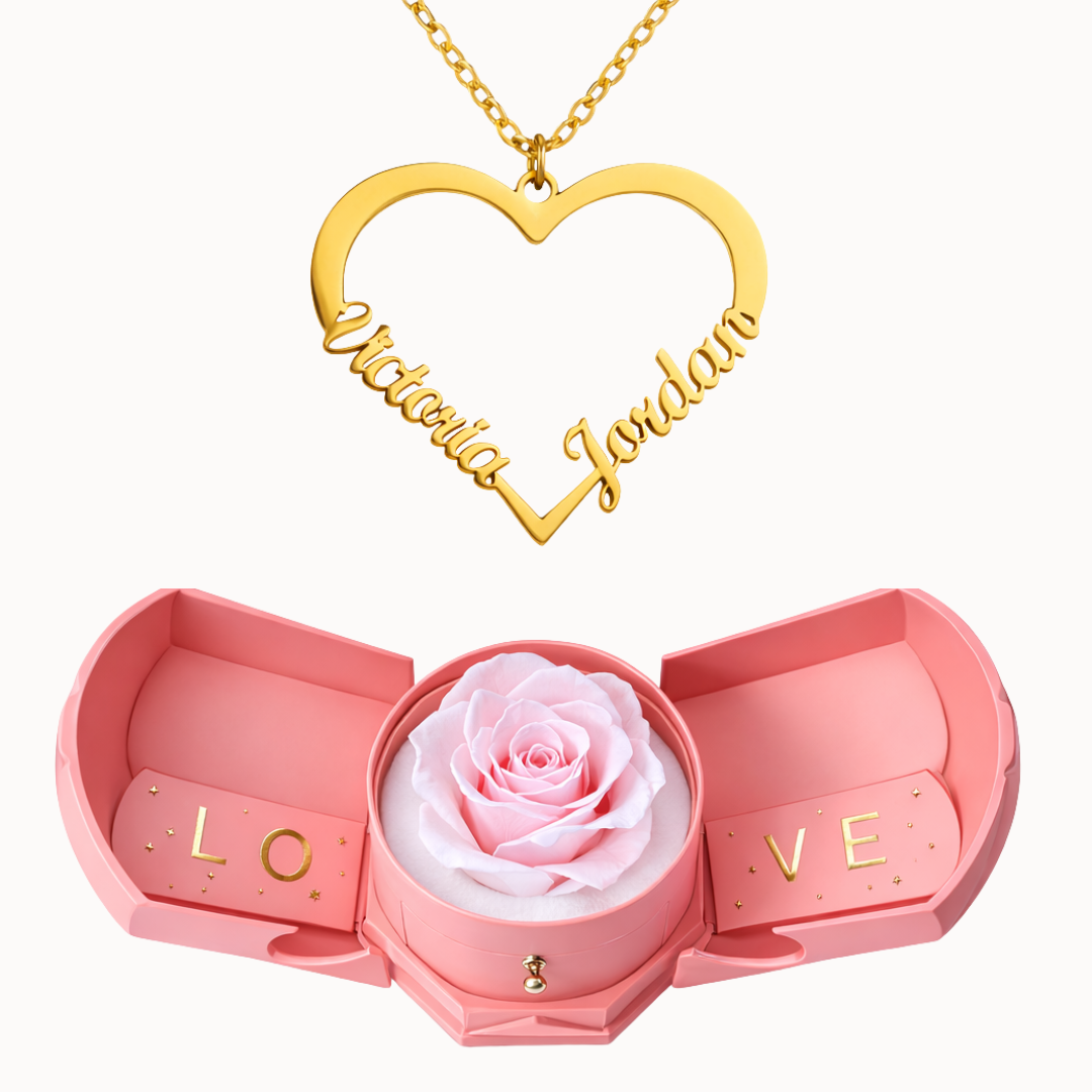 Caixa Rosa Eterna com Colar em Forma de Coração Personalizado