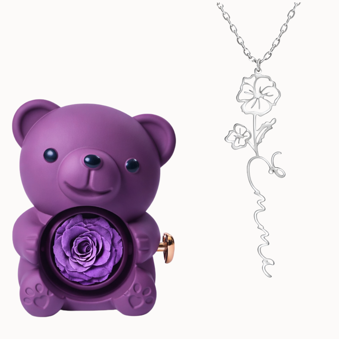 Urso Eterno com Colar Nome Flor Personalizado