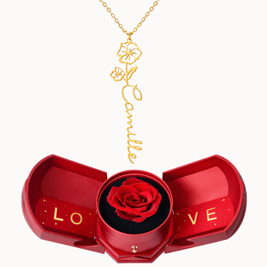 Caixa Rosa Eterna com Colar Nome Flor Personalizado