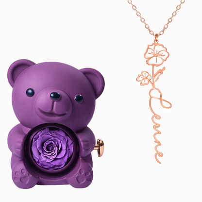 Urso Eterno com Colar Nome Flor Personalizado