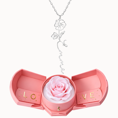 Caixa Rosa Eterna com Colar Nome Flor Personalizado