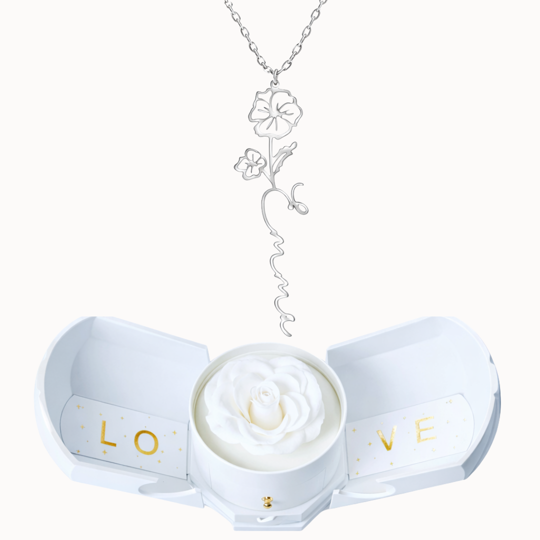 Caixa Rosa Eterna com Colar Nome Flor Personalizado