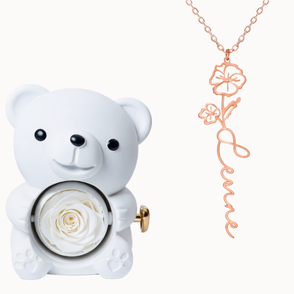 Urso Eterno com Colar Nome Flor Personalizado