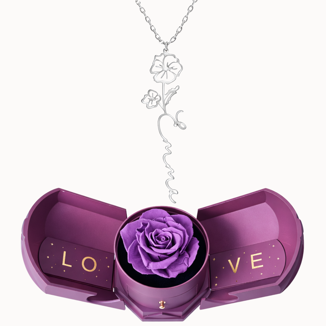 Caixa Rosa Eterna com Colar Nome Flor Personalizado