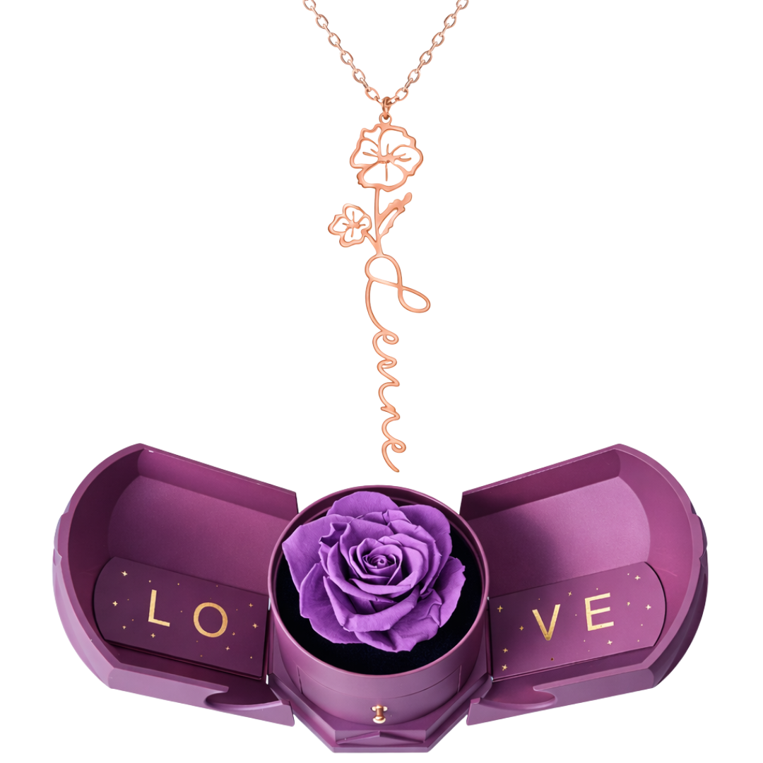 Caixa Rosa Eterna com Colar Nome Flor Personalizado