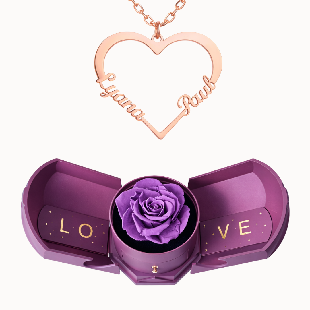 Caixa Rosa Eterna com Colar em Forma de Coração Personalizado