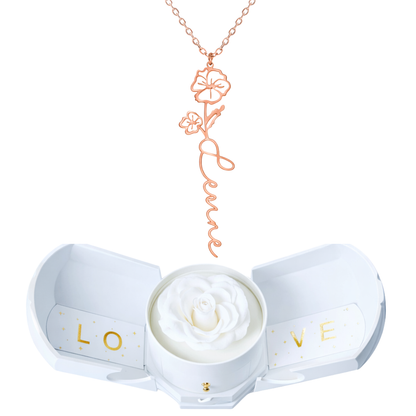 Caixa Rosa Eterna com Colar Nome Flor Personalizado