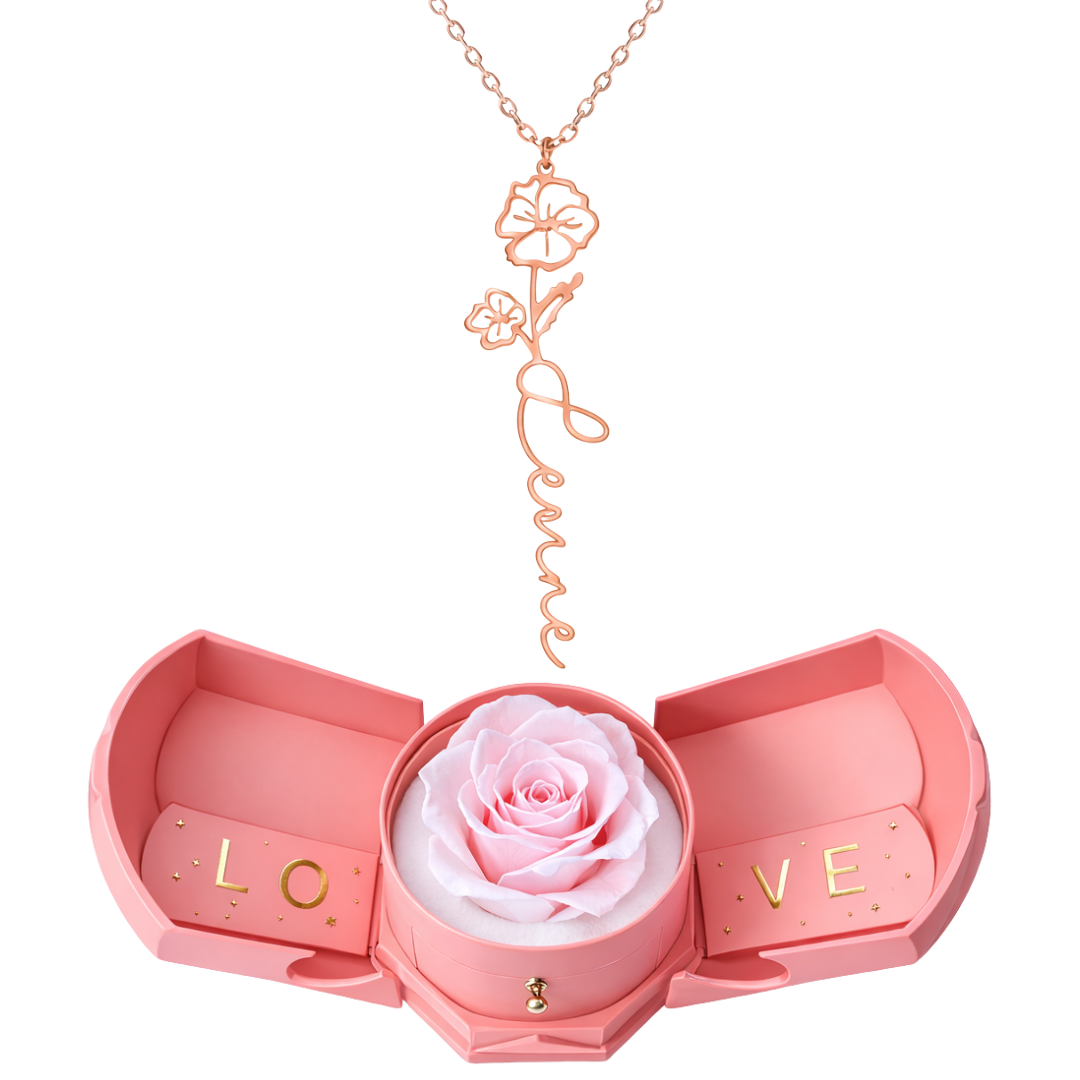 Caixa Rosa Eterna com Colar Nome Flor Personalizado