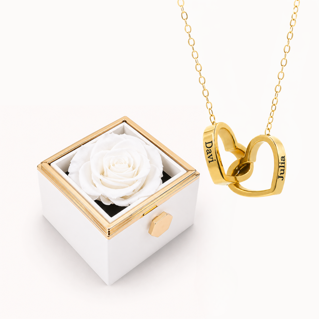 Caixa Rosa Eterna Rotativa & Colar Dois Corações Personalizado