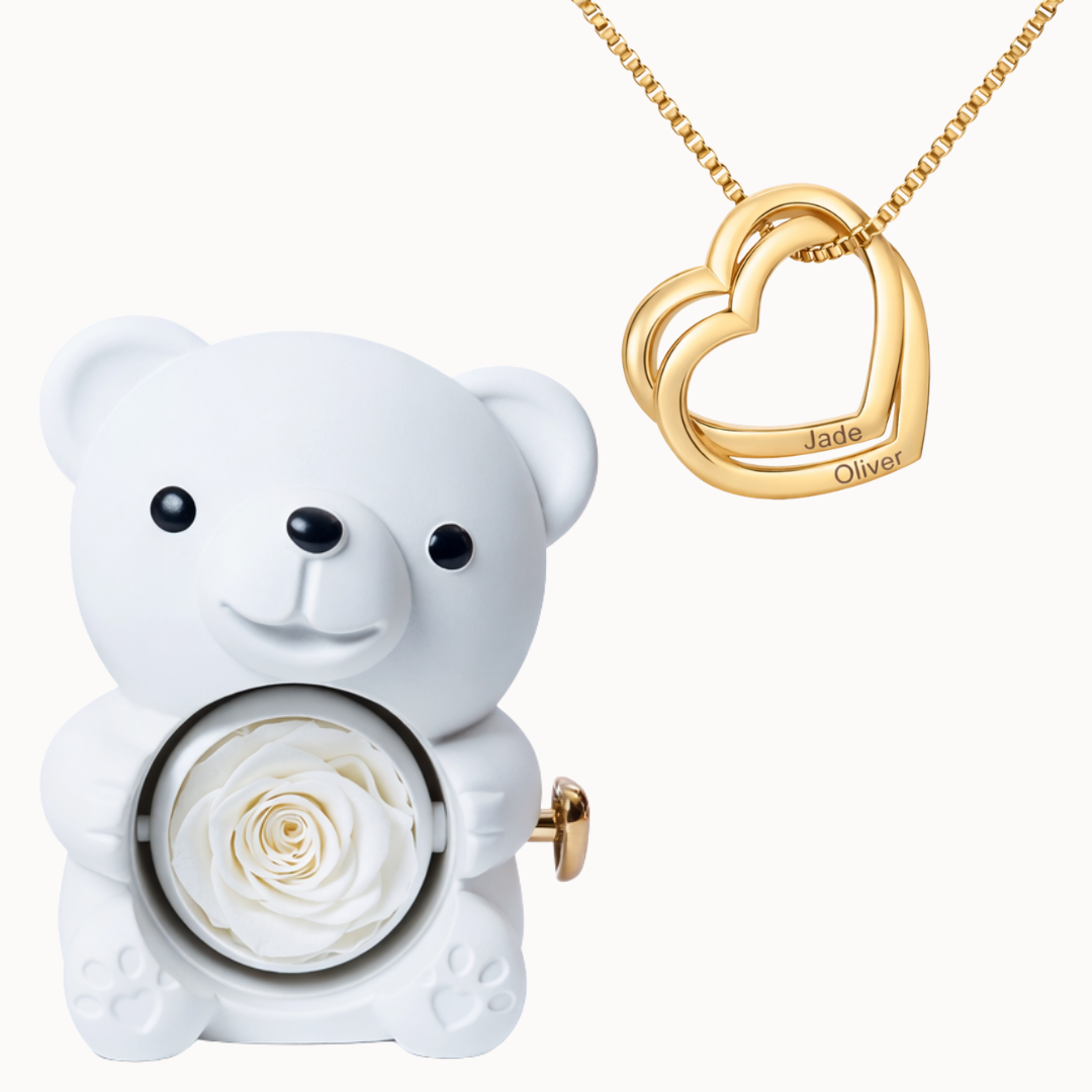Caixa Urso Eterno com Colar Corações Entrelaçados Personalizado