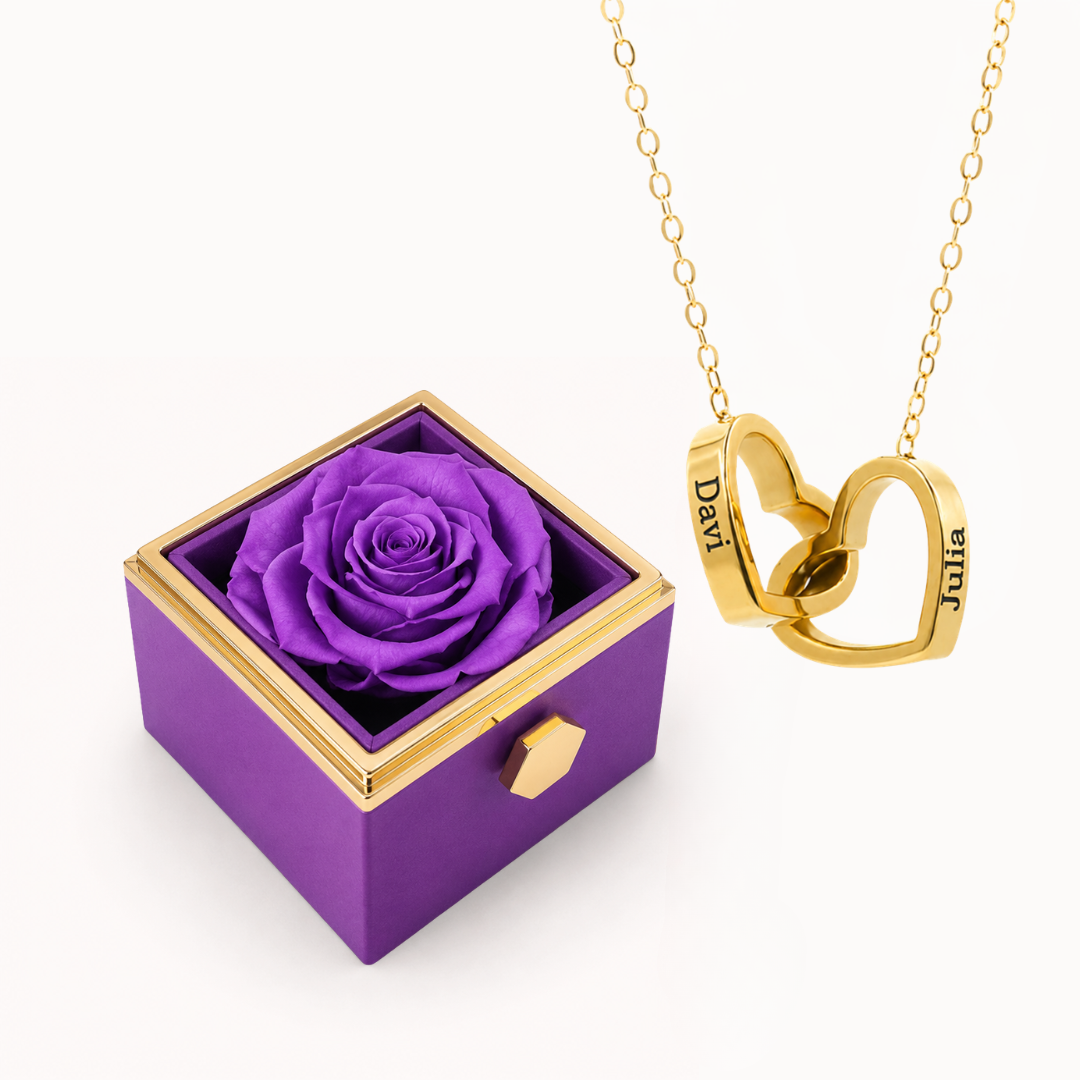 Caixa Rosa Eterna Rotativa & Colar Dois Corações Personalizado