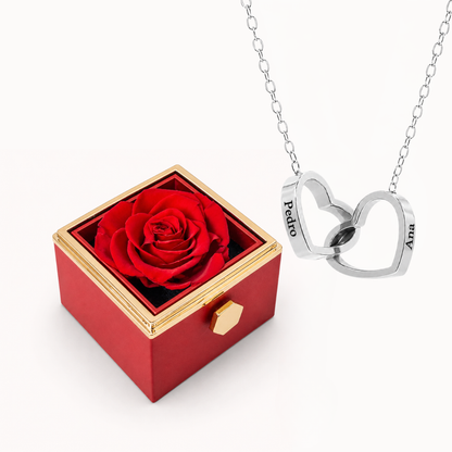 Caixa Rosa Eterna Rotativa & Colar Dois Corações Personalizado
