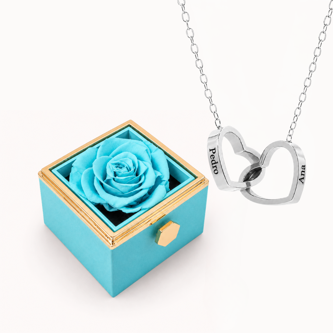 Caixa Rosa Eterna Rotativa & Colar Dois Corações Personalizado