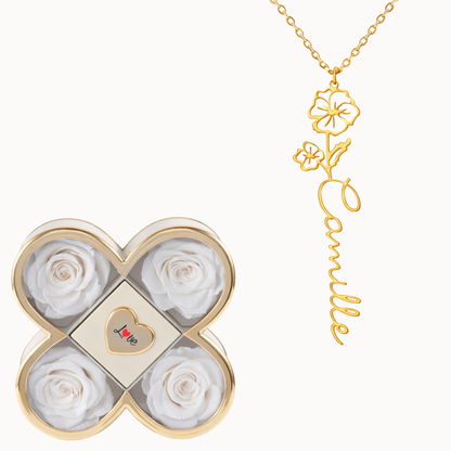 Caixa Trevo Eterno com Colar Nome com Flor Personalizado