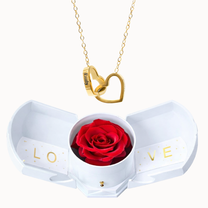 Caixa Rosa Eterna Florescer com Colar Dois Corações Personalizado