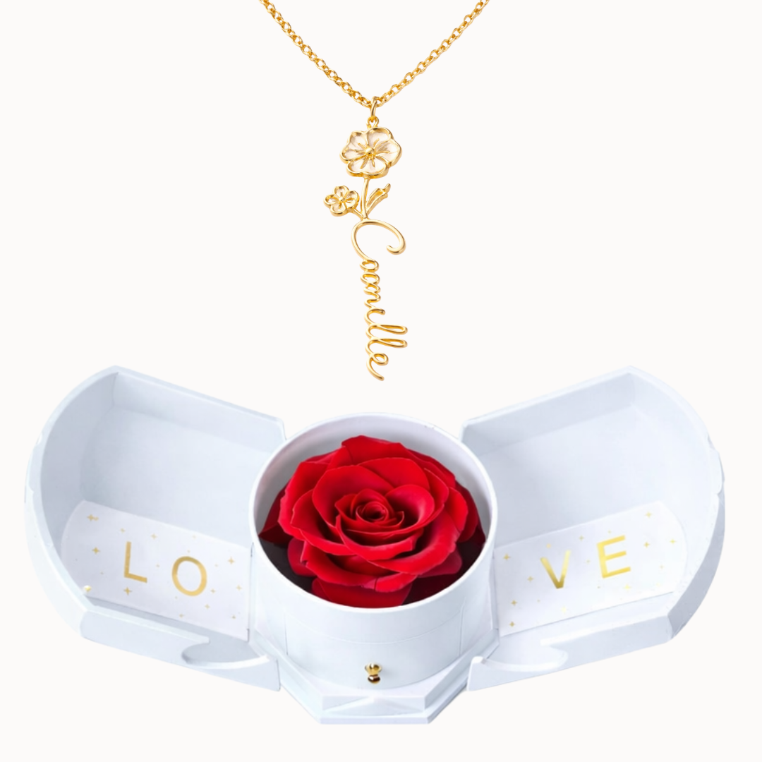 Caixa Rosa Eterna com Colar Nome Flor Personalizado