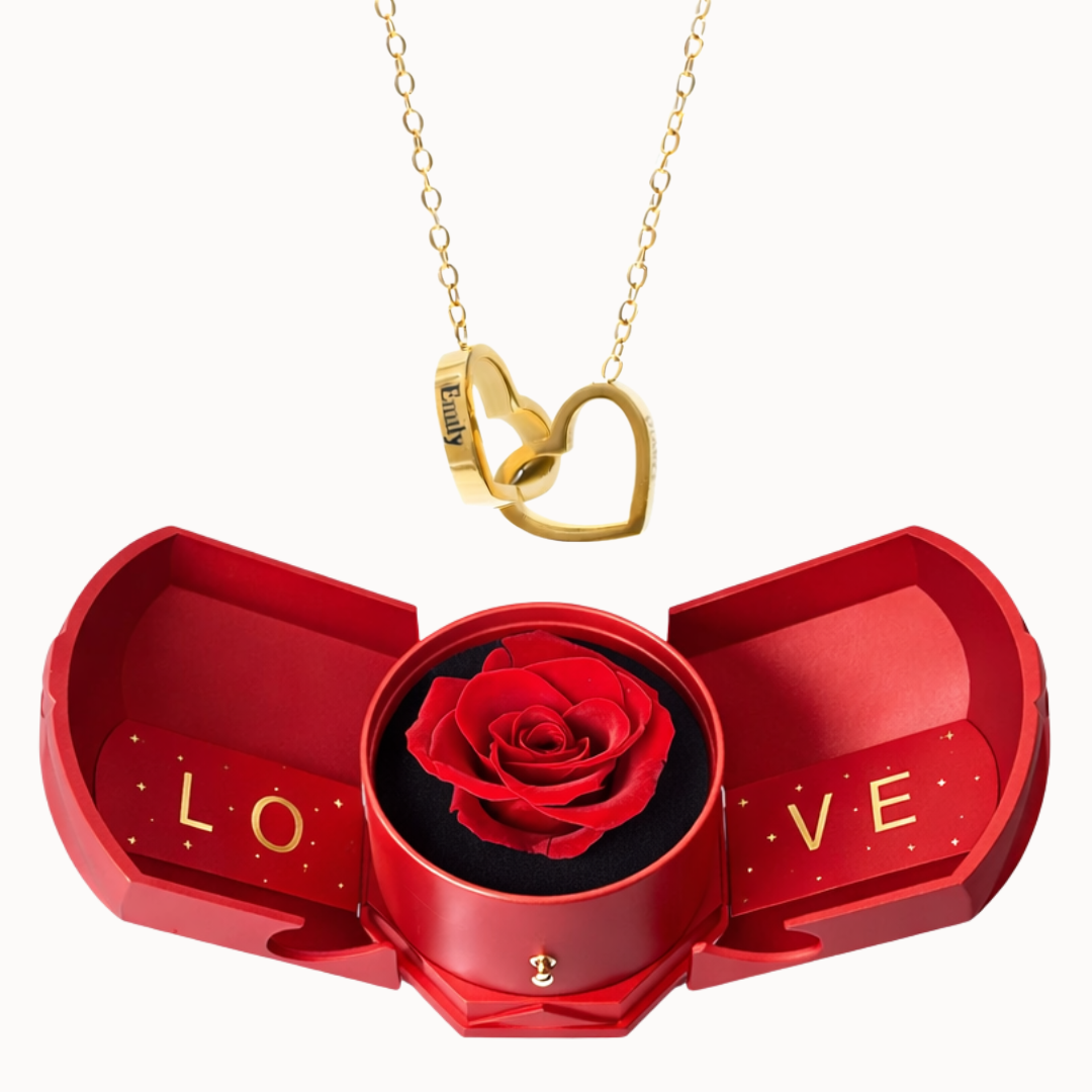 Caixa Rosa Eterna Florescer com Colar Dois Corações Personalizado