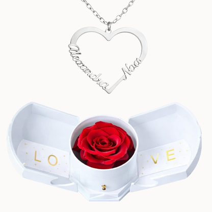 Caixa Rosa Eterna com Colar em Forma de Coração Personalizado