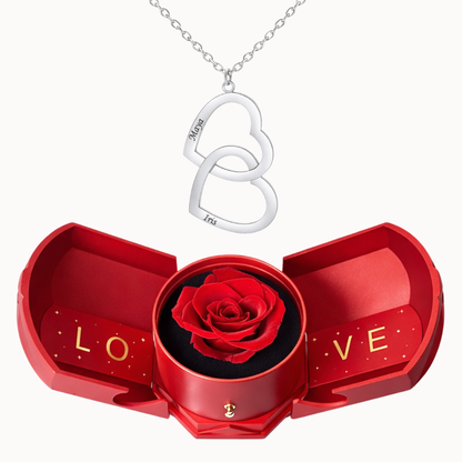 Caixa Rosa Eterna com Colar Duplo Coração Personalizado