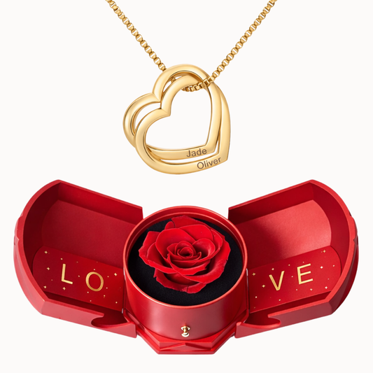 Caixa Rosa Eterna com Colar Corações Entrelaçados Personalizado