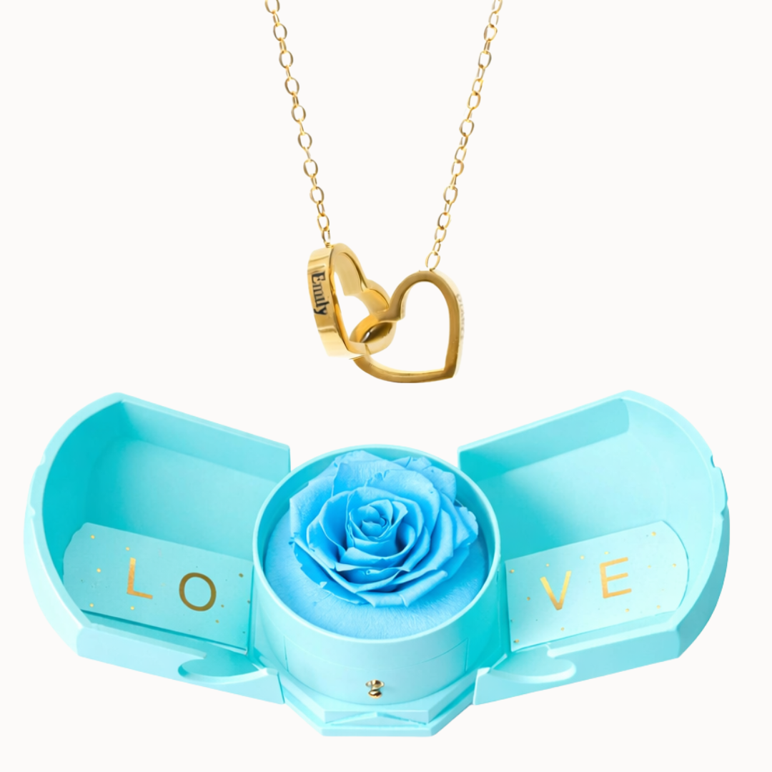 Caixa Rosa Eterna Florescer com Colar Dois Corações Personalizado