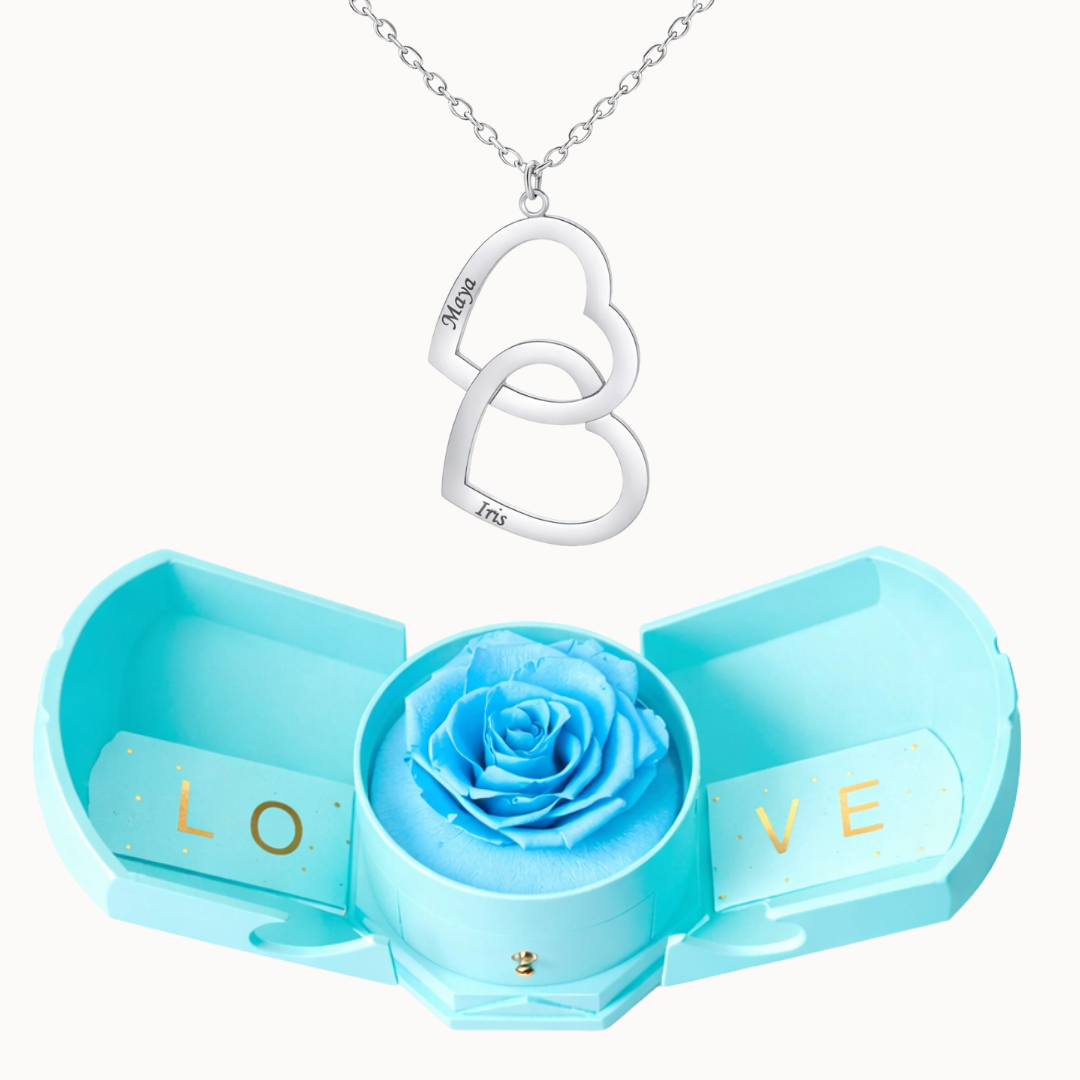 Caixa Rosa Eterna com Colar Duplo Coração Personalizado