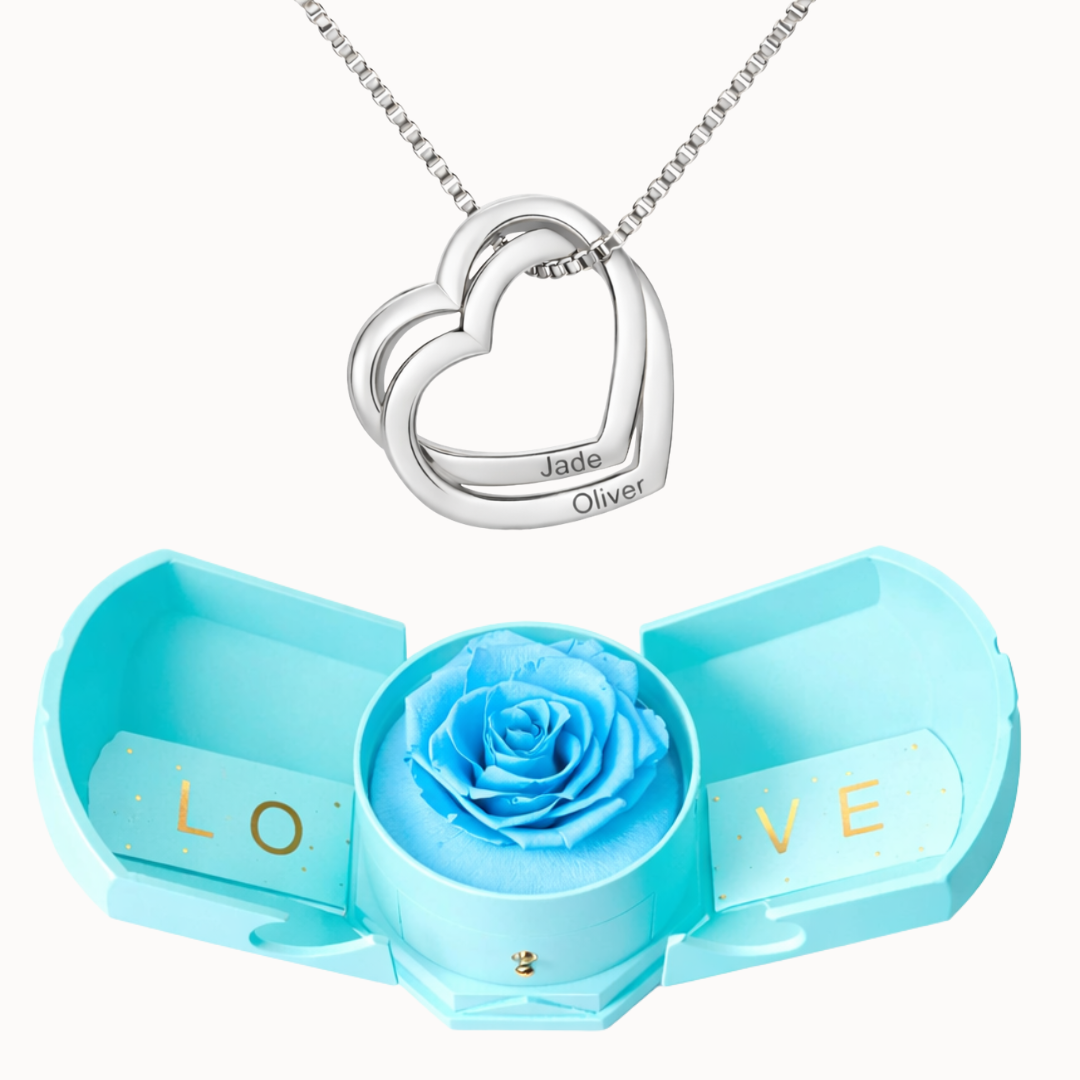 Caixa Rosa Eterna com Colar Corações Entrelaçados Personalizado