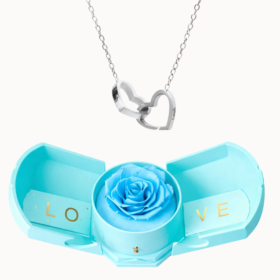 Caixa Rosa Eterna Florescer com Colar Dois Corações Personalizado