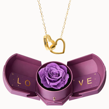Caixa Rosa Eterna Florescer com Colar Dois Corações Personalizado