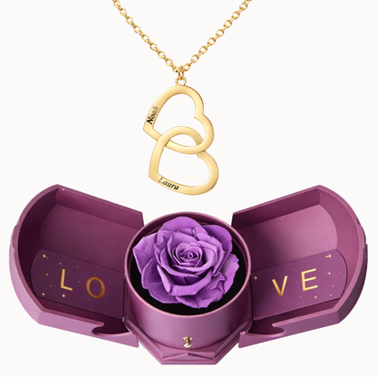 Caixa Rosa Eterna com Colar Duplo Coração Personalizado
