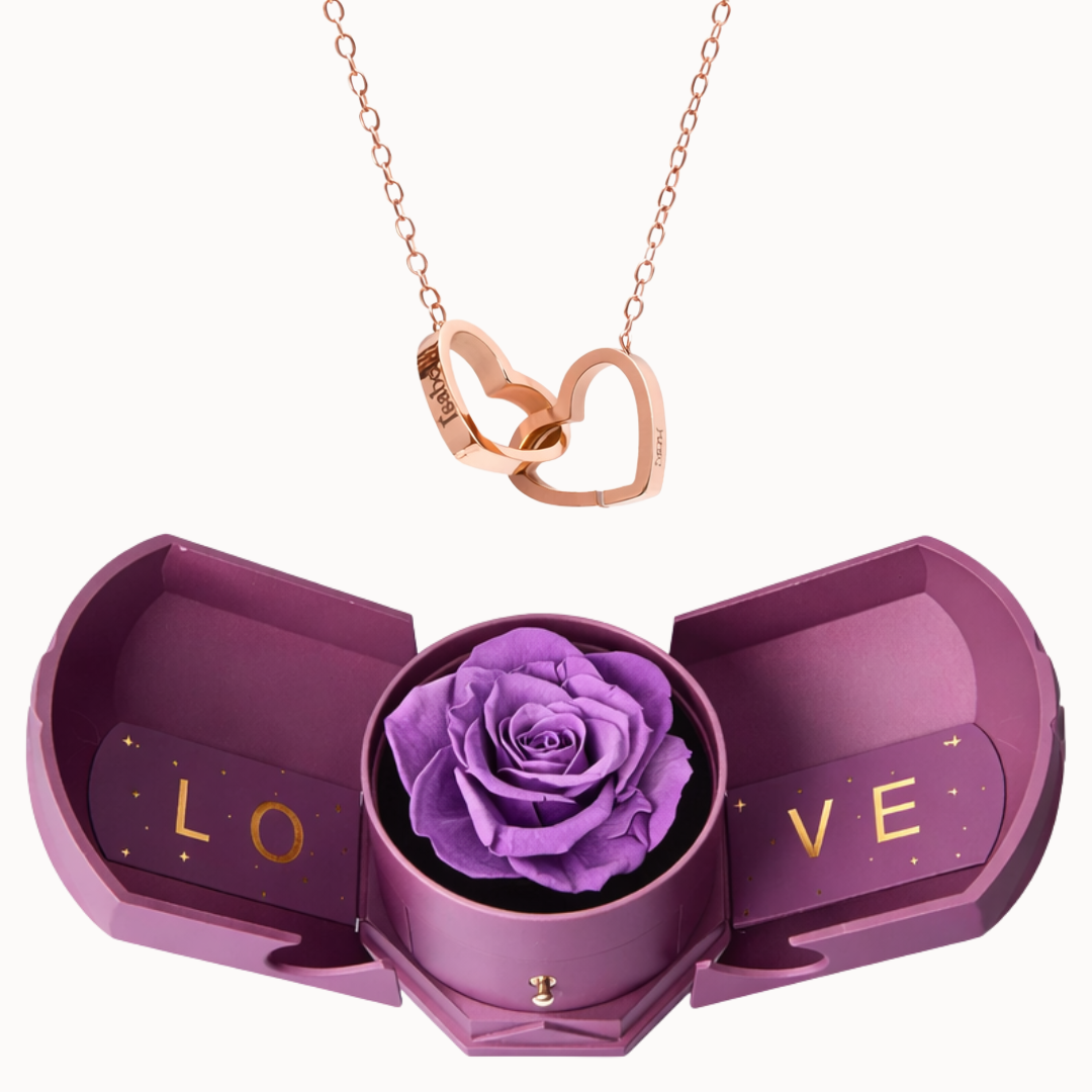 Caixa Rosa Eterna Florescer com Colar Dois Corações Personalizado