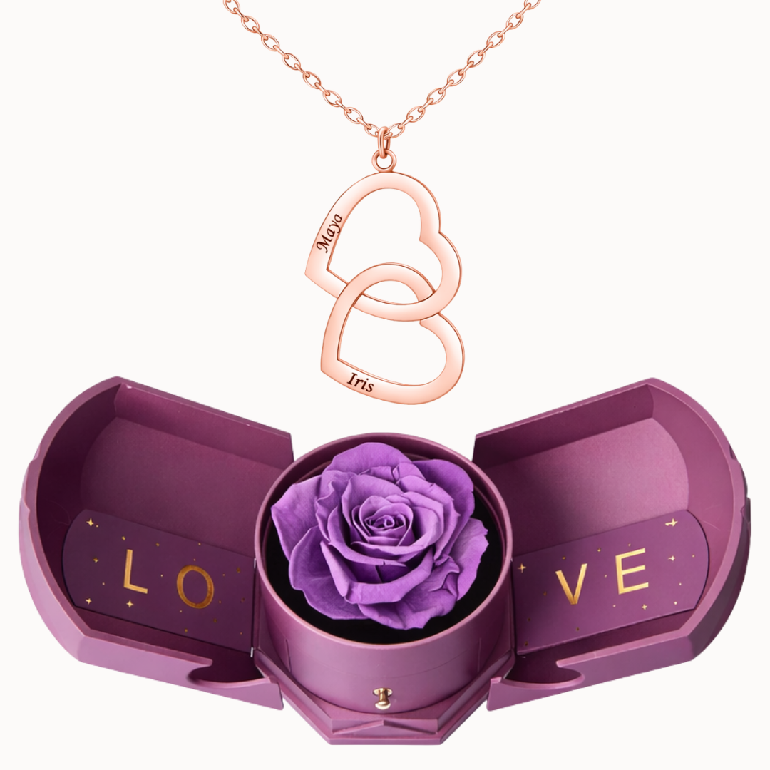 Caixa Rosa Eterna com Colar Duplo Coração Personalizado