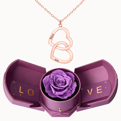 Caixa Rosa Eterna com Colar Duplo Coração Personalizado