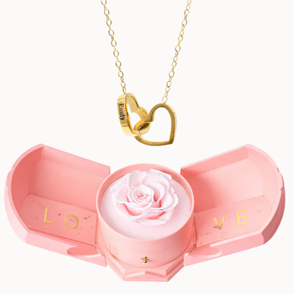 Caixa Rosa Eterna Florescer com Colar Dois Corações Personalizado