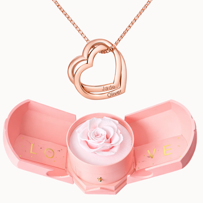 Caixa Rosa Eterna com Colar Corações Entrelaçados Personalizado