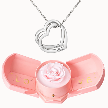 Caixa Rosa Eterna com Colar Corações Entrelaçados Personalizado