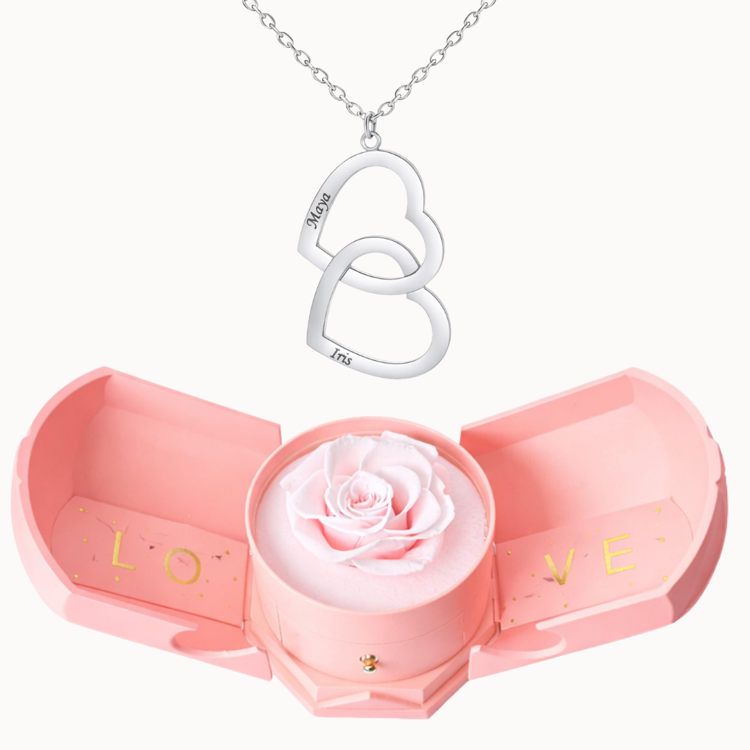 Caixa Rosa Eterna com Colar Duplo Coração Personalizado