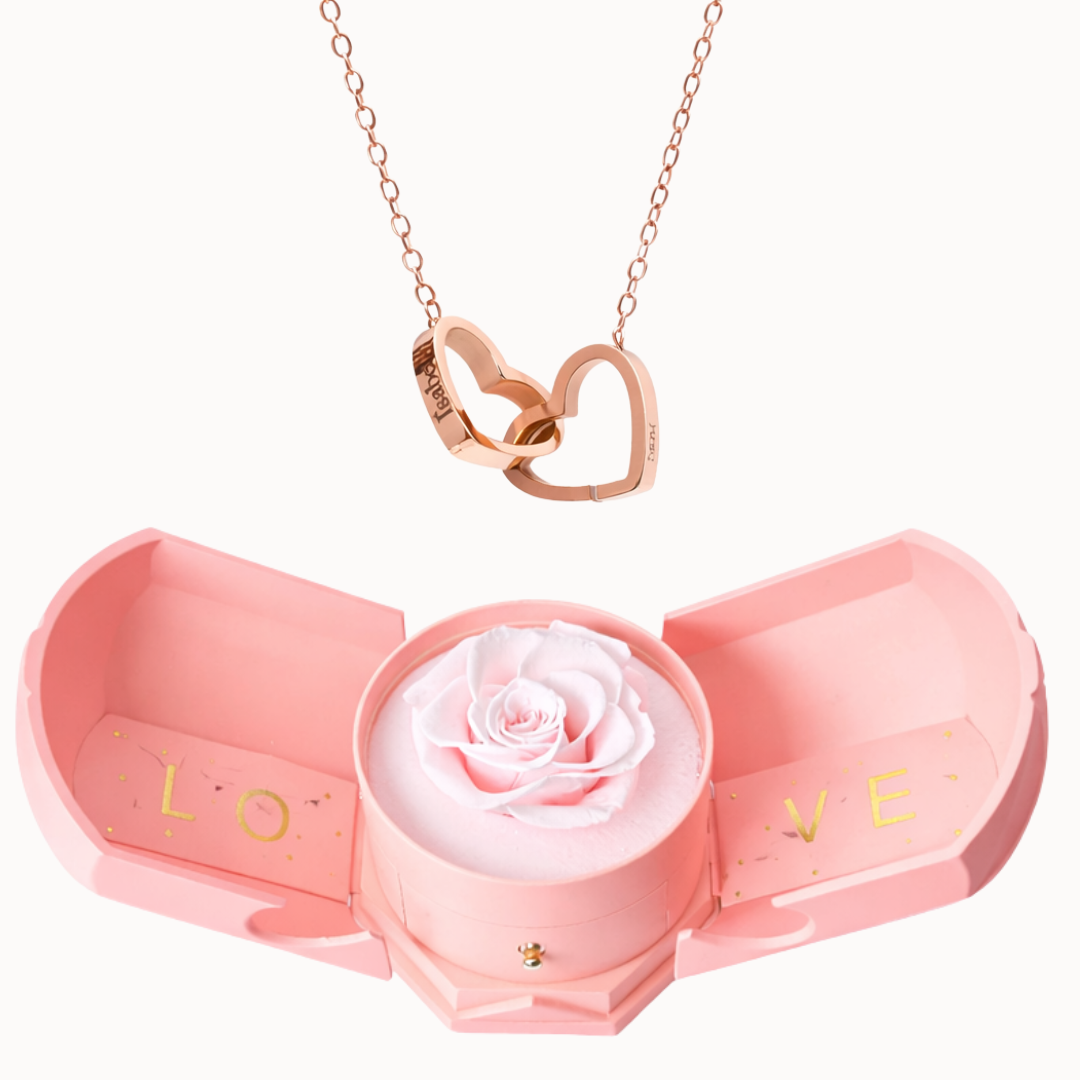Caixa Rosa Eterna Florescer com Colar Dois Corações Personalizado