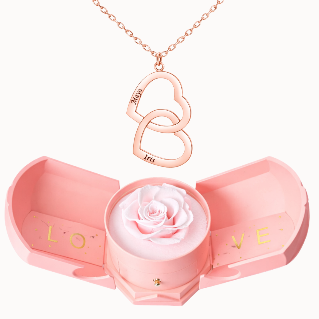 Caixa Rosa Eterna com Colar Duplo Coração Personalizado