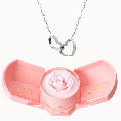 Caixa Rosa Eterna Florescer com Colar Dois Corações Personalizado