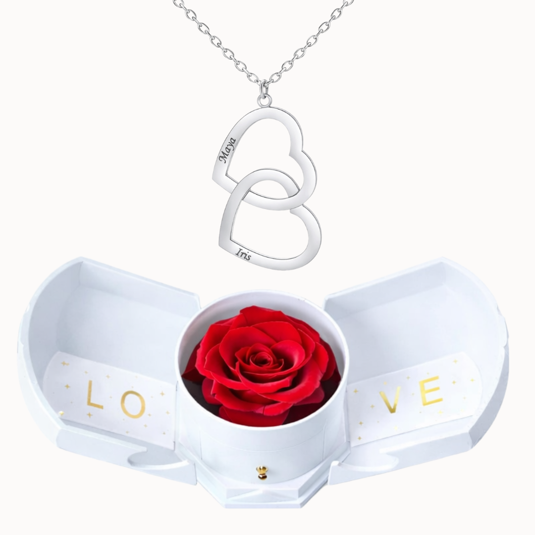 Caixa Rosa Eterna com Colar Duplo Coração Personalizado