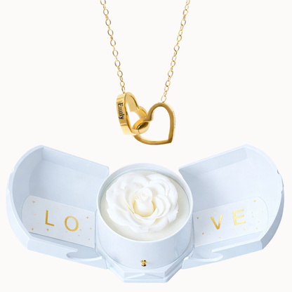 Caixa Rosa Eterna Florescer com Colar Dois Corações Personalizado