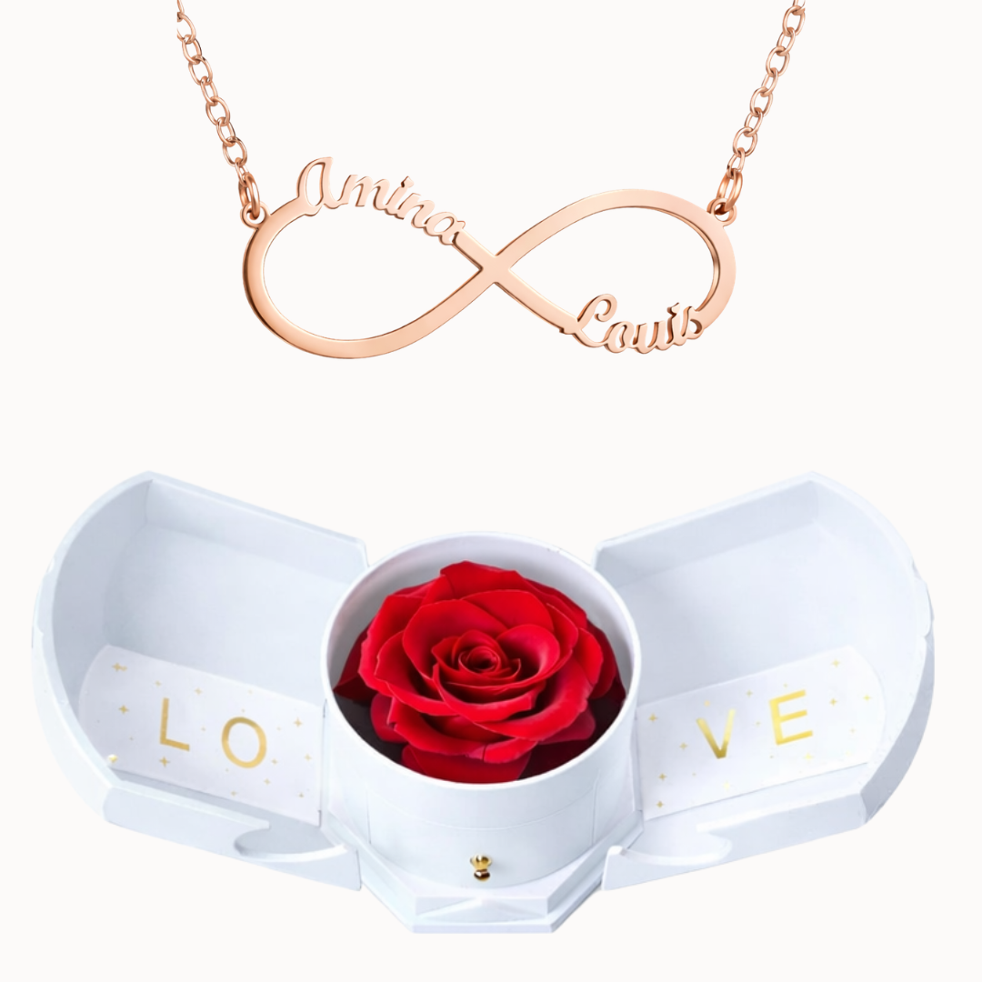 Caixa Rosa Eterna com Colar Infinito Personalizado