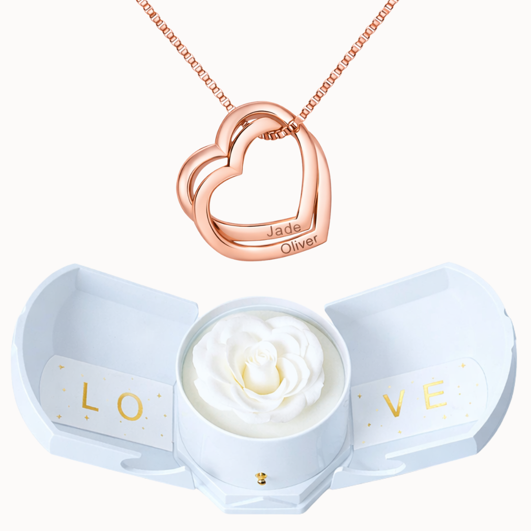 Caixa Rosa Eterna com Colar Corações Entrelaçados Personalizado